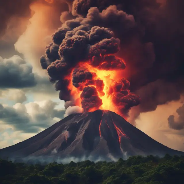 An illustration of a volatile mountain with options, futures, and ETFs erupting from its peak, representing various investment tools for capitalizing on market volatility
