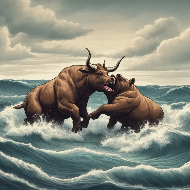 Two animals representing bull and bear engage in a wrestling match on a tranquil sea, illustrating the challenges of trading VIX put options.