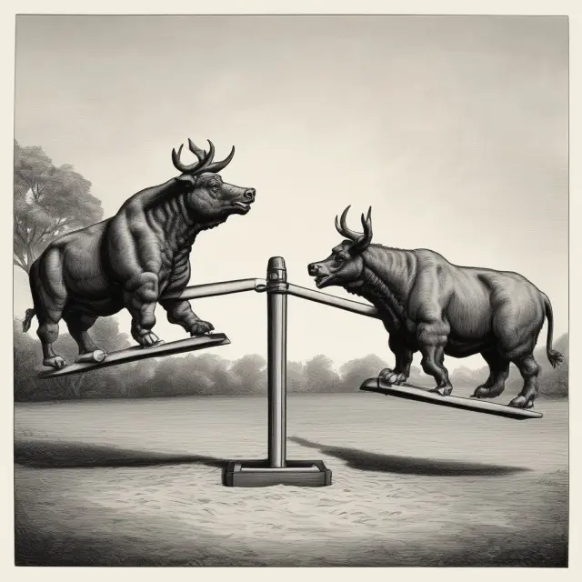 Bull and bear figures symbolizing volatility holding an S&P 500 index on a seesaw, emphasizing VIX options