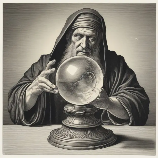 VIX soothsayer holding crystal ball with VIX indices, providing insights into market sentiment