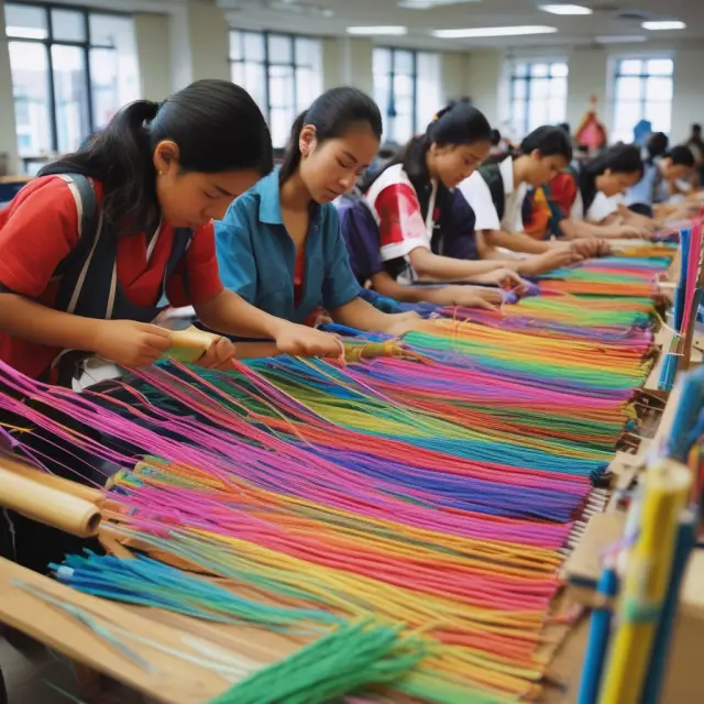 Students at work on looms, representing various vocational degree program durations in a creative metaphor