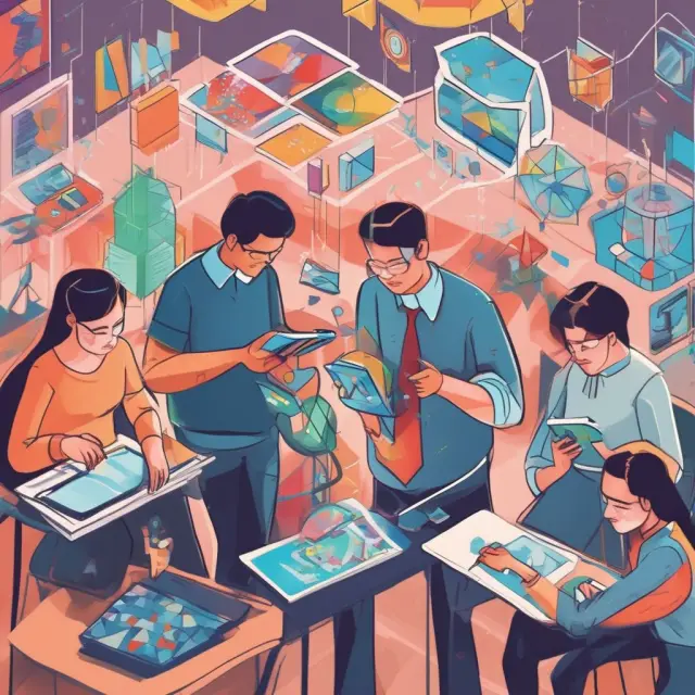 Students from diverse backgrounds exploring personalized online learning opportunities in a kaleidoscopic setting, reflecting the evolving landscape of vocational education