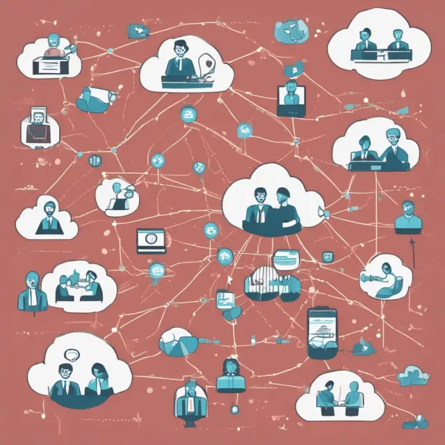 Visual representation of VoIP technology connecting finance professionals with clients and colleagues through a network of calls and virtual meetings.