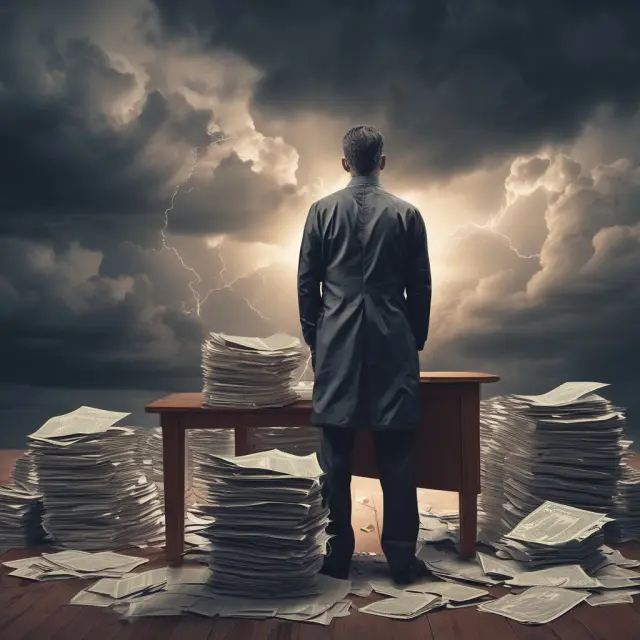 An institutional investor protecting their organization against potential voidable contracts, illustrated as a dark storm cloud hovering over a table filled with contract documents