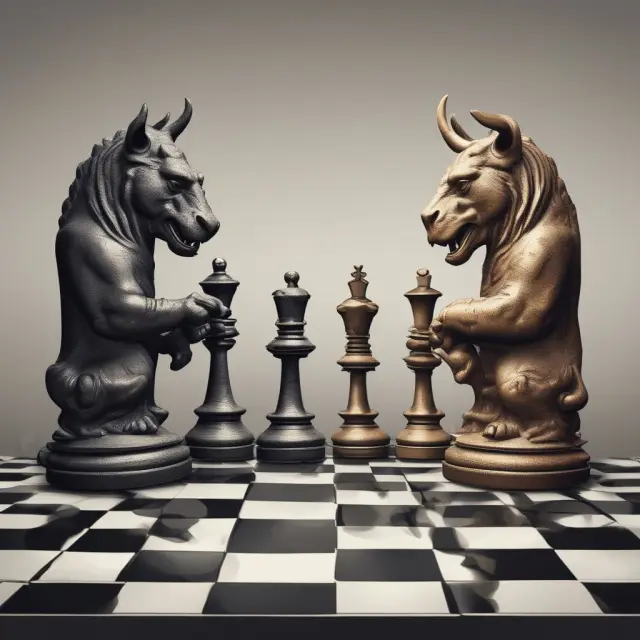Bull and Bear figures on a chessboard, symbolizing market players. Clock represents time, while eroding sand hourglass signifies time value decay.