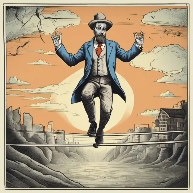 A trader balancing on a tightrope symbolizes the complex strategy of volatility arbitrage, where they aim to profit from discrepancies between forecasted and implied volatilities.