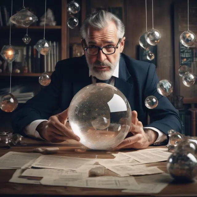 An experienced trader holding a crystal ball and option contracts amidst volatile financial waters