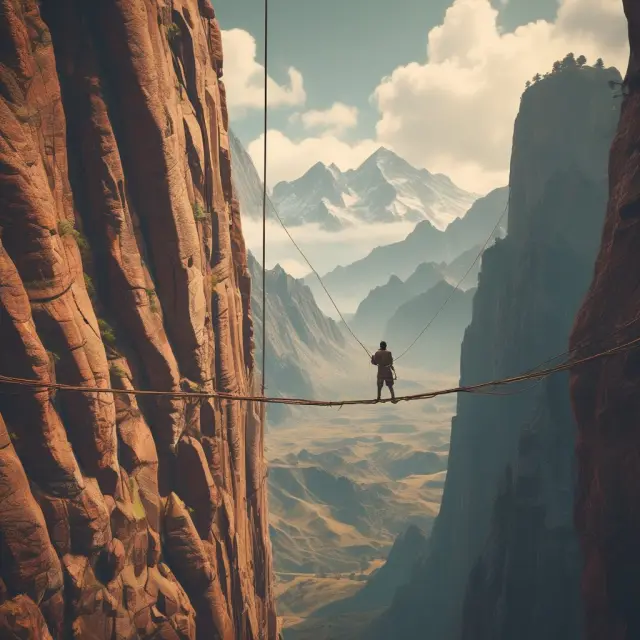 Image of a person balancing on a tightrope, with one foot rooted in historical true range and the other in current true range