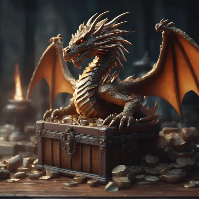 A mythical dragon holding a chest full of various technical indicators, symbolizing the importance of volatility ratio analysis in trading.