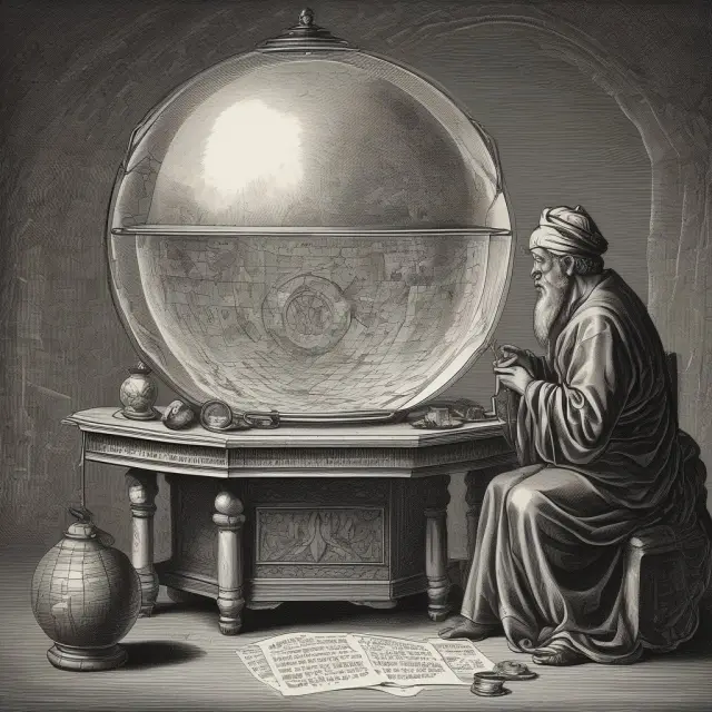 An ancient oracle calculates implied volatility, utilizing market data and mathematical formulas in a crystal ball for options traders.