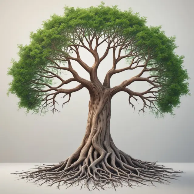 A tree with various asset classes as roots and options contracts as branches represents portfolio diversification and risk management through volatility.