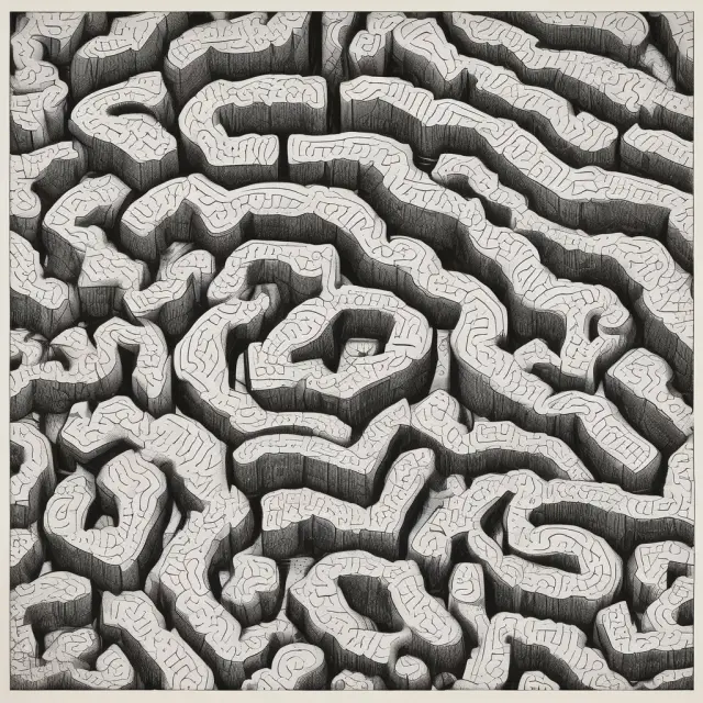 A labyrinth representing the volatility smile with options scattered as puzzle pieces and market forces shaping their implied volatility