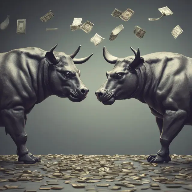 Bull and bear figures engaging in a volatility swap negotiation, with futuristic currencies representing realized and fixed volatility levels.