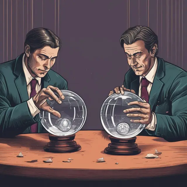 Two traders exchanging contracts in a volatility swap agreement; one holds a crystal ball brimming with mercurial liquid symbolizing asset volatility.