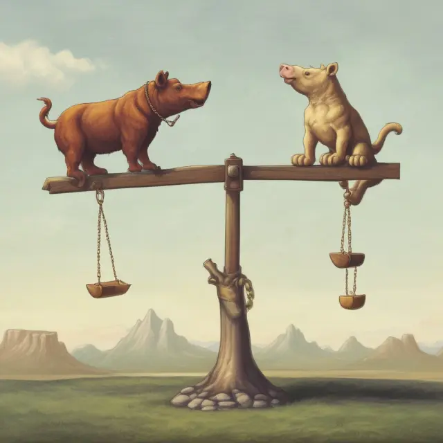 A volatility bull (Options) and bear (Swaps) facing off on a seesaw, representing their contrasting approaches to speculating asset volatility.