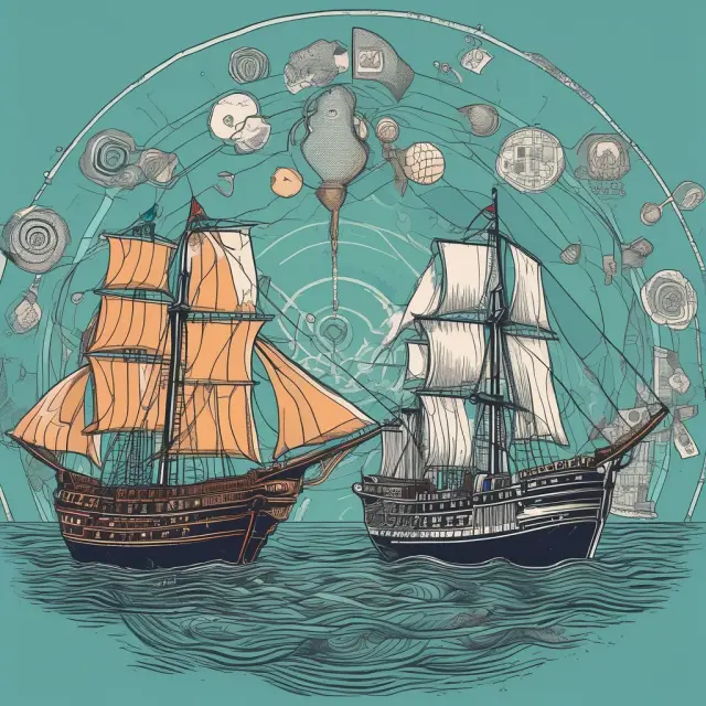 Two ships navigating through a tranquil sea representing financial data: Volatility Swap and Variance Swap, symbolizing their distinct payoffs.