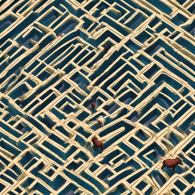 A complex maze filled with bulls, bears, and counterparties representing market, liquidity, and counterparty risks in the context of volatility swaps.