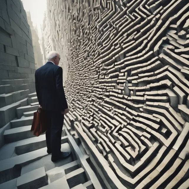 Two protective figures, symbolizing the Volcker Rule, guard a labyrinthine financial maze to prevent banks