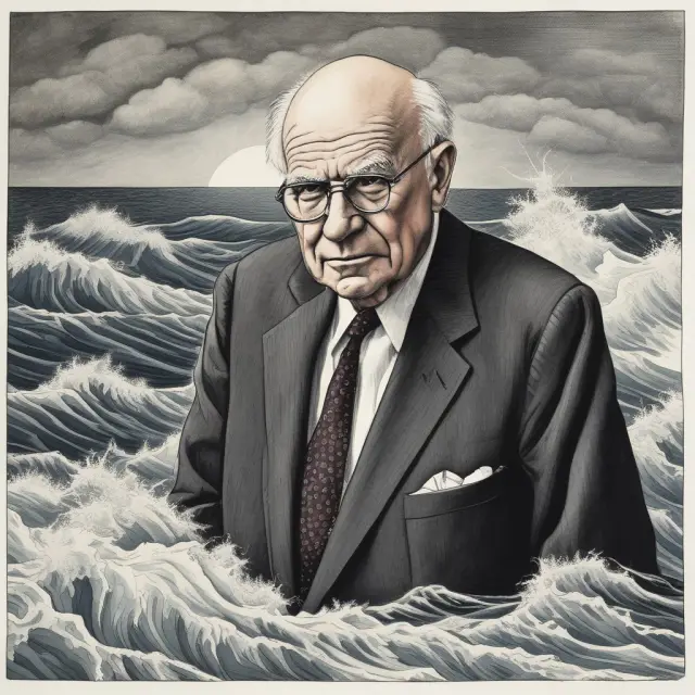 Paul Volcker as a protective figure, amidst turbulent banking waters, advocating for the Volcker Rule.