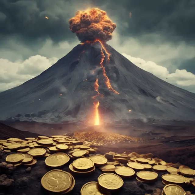 Golden volcano erupts coins symbolizing regulatory adjustments to the Volcker Rule, surrounded by an uncertain financial sea