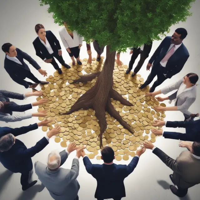 Businesspeople in a circle around a gold coin tree, illustrating collective bargaining for volume discounts and business growth
