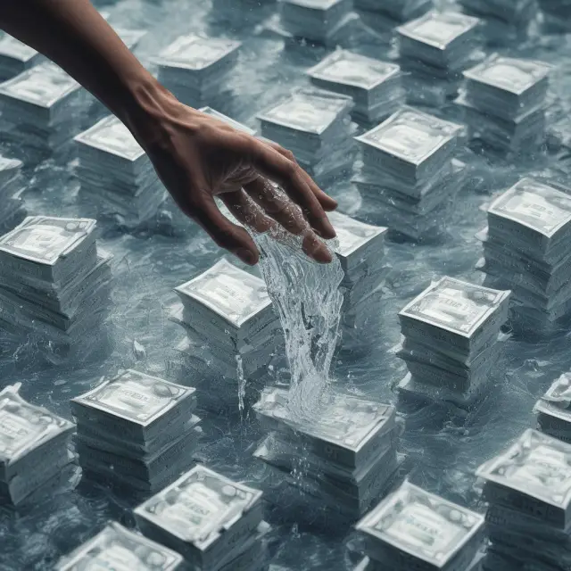 A pair of hands pouring water into a vast sea filled with stock market charts and symbols. This image represents the impact of trading volume on market liquidity.