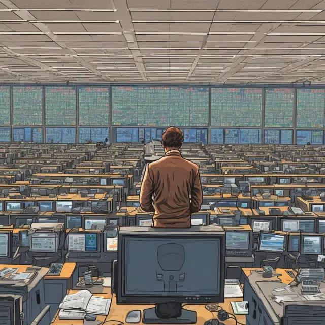 The SEC oversees volume trading, depicted by a guardian figure observing a busy trading floor and countless ticker tapes representing tick volumes.