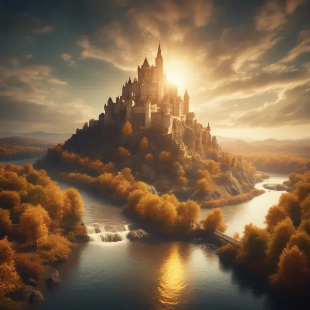 Golden river representing VPPs flowing towards a castle symbolizing financial security and stability for oilfield sellers