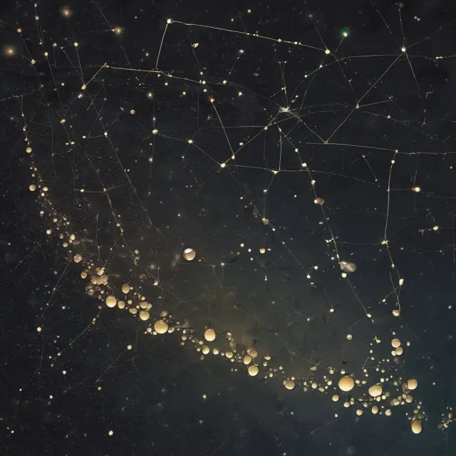 Golden oil droplets forming a constellation against a starry night sky, representing the assessment and valuation of Volumetric Production Payments (VPPs) in the oil and gas industry