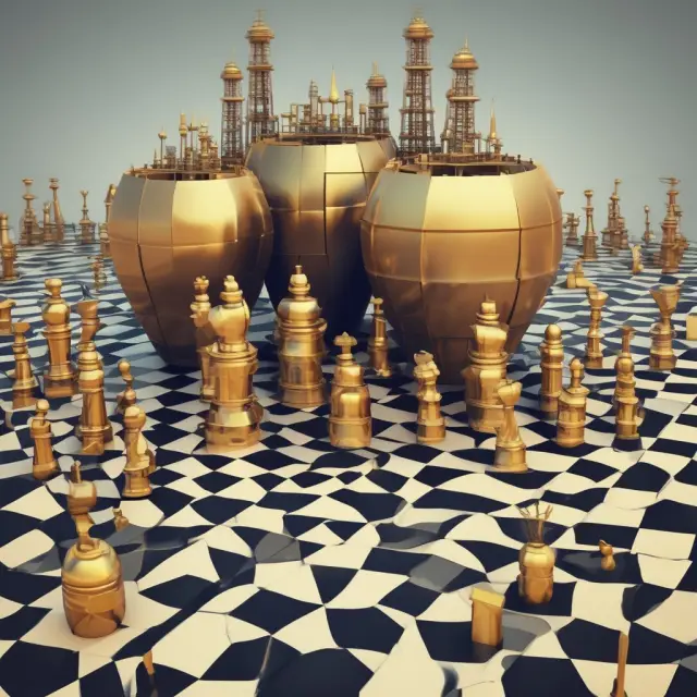 Three oil rigs transferring gold barrels symbolizing VPP deals with international partners on a world map chessboard