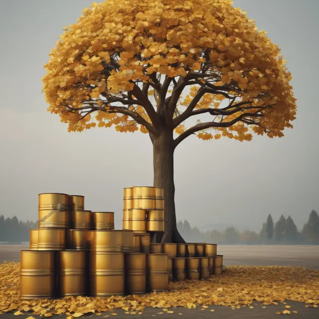 Golden tree adorned with oil barrel leaves representing VPPs and their role in financing oil production