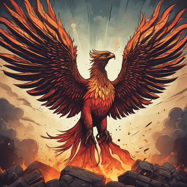 A phoenix rises above financial ruin, representing a small business