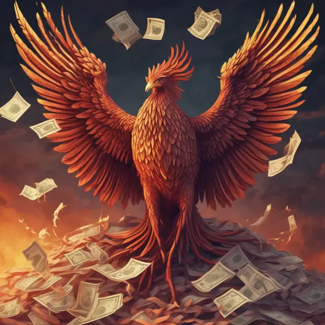 A mythical phoenix rises from a stack of papers representing debt files during the voluntary bankruptcy process.