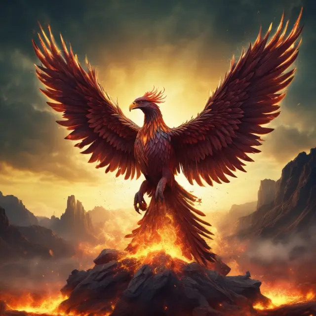 Phoenix rising from financial debris, illustrating credit recovery after bankruptcy.