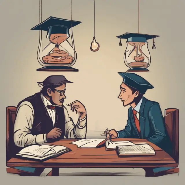 Borrower and lender in discussion at negotiation table, mortarboard symbolizing knowledge, hourglass signifying time.