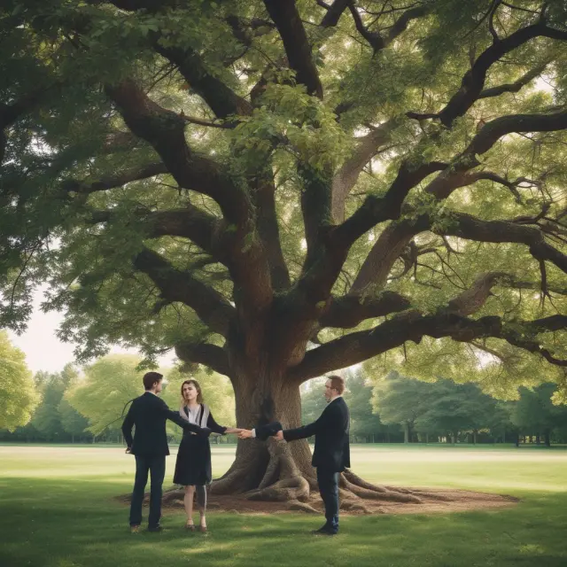 Two individuals shaking hands under a blossoming tree, representing a borrower and lender creating a voluntary lien agreement