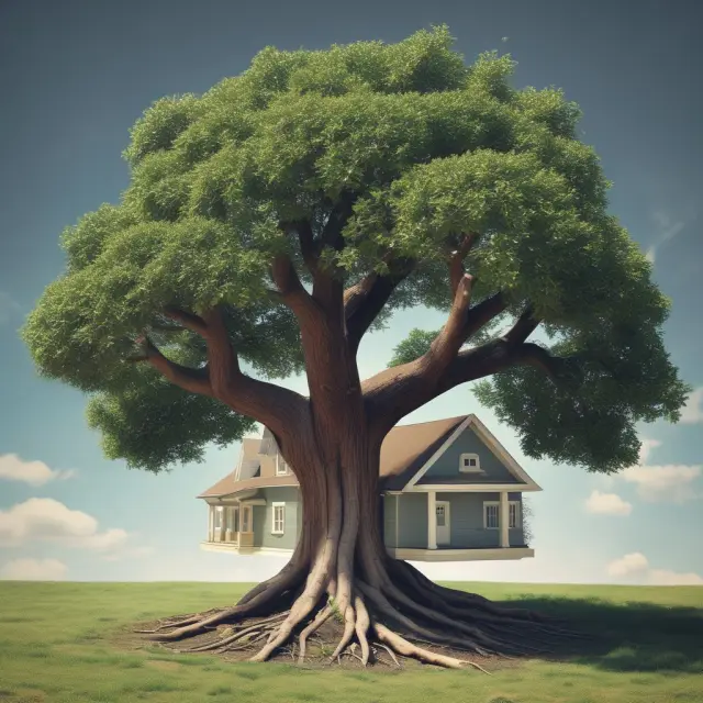 An ancient oak tree with mortgage loan documents attached to its trunk, offering protection to homeowners beneath its branches