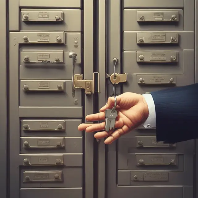 Borrower hands over keys to a bank vault filled with various assets, illustrating the concept of collateral used in voluntary liens