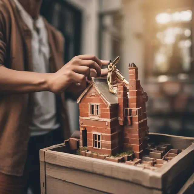 Homeowner using a golden key to access a chest filled with bricks representing home equity loans or lines of credit