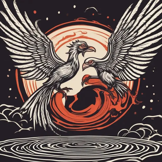 Two majestic phoenixes emerging from a yin-yang symbol, illustrating whole and term life insurance options