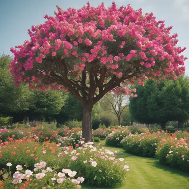 A lush garden teeming with various optional benefit flowers, growing from the trunk of a sturdy voluntary life insurance tree