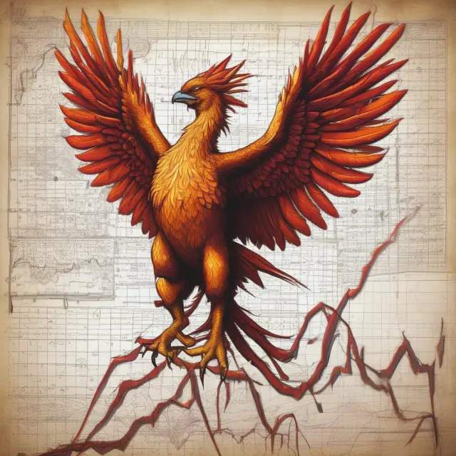 Phoenix rising from financial charts, representing the process of a company reborn after voluntary liquidation