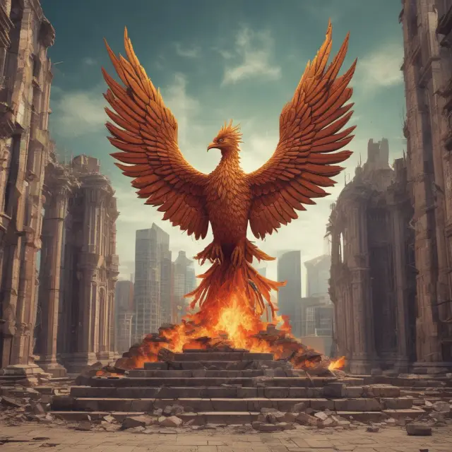 An image of a mythical Phoenix, reborn from the ashes of corporate ruins, representing real-world examples of companies undergoing voluntary liquidations.