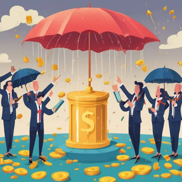 A gavel shatters a pension plan, causing gold coins to rain down on employees, who protect themselves with umbrellas