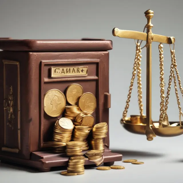 Golden strongbox (voluntary reserves) and balance scale with policy claims (claim reserves)
