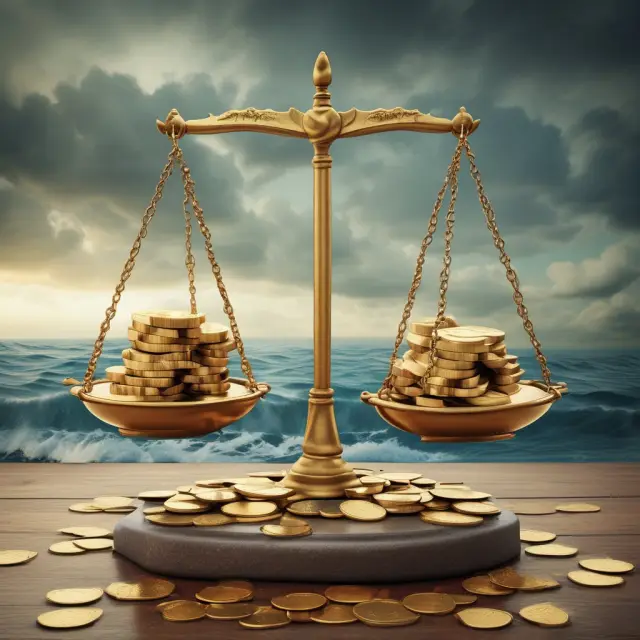 A set of scales represents the precarious balance between the advantages (gold coins) and risks (sinking ships) of insurance companies