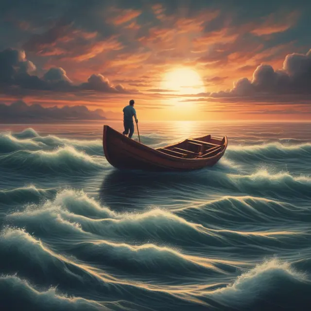 An employee leaving a job: Stepping off a career boat in search of new opportunities, represented by the rising sun.