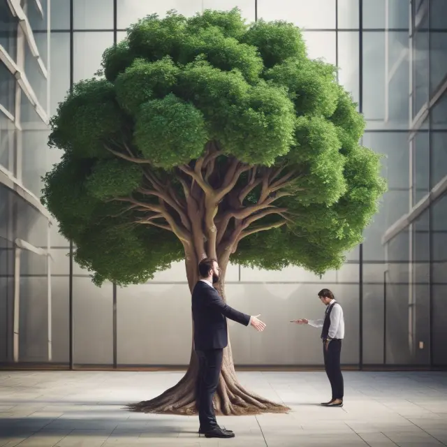 An employee saying goodbye to a company tree during an exit interview