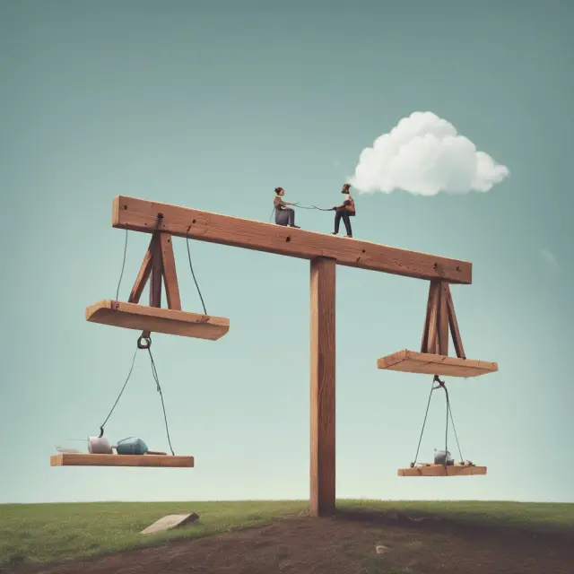 A balanced seesaw representing voluntary termination, with employees transitioning from employment to unemployment benefits