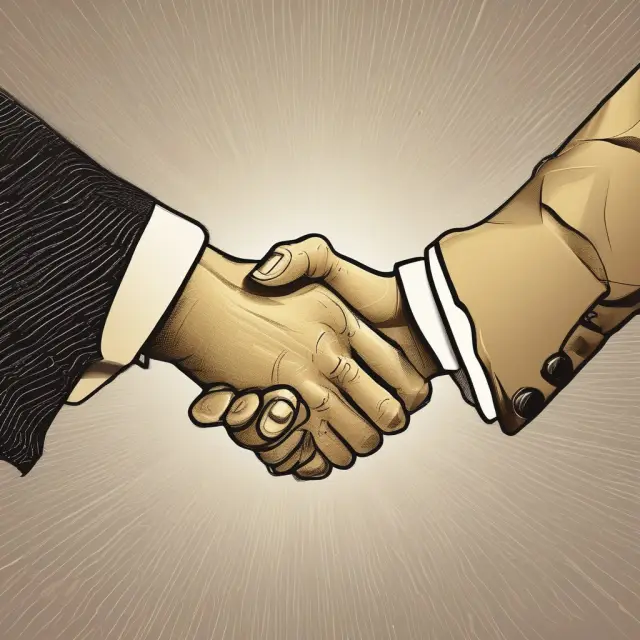 Two hands shaking above a table filled with job applications and company logos, symbolizing the mutual agreement of voluntary terminations.